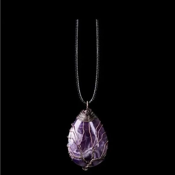 New pendant tear drop shape purple amethyst tree of life with chain - Picture 1 of 5